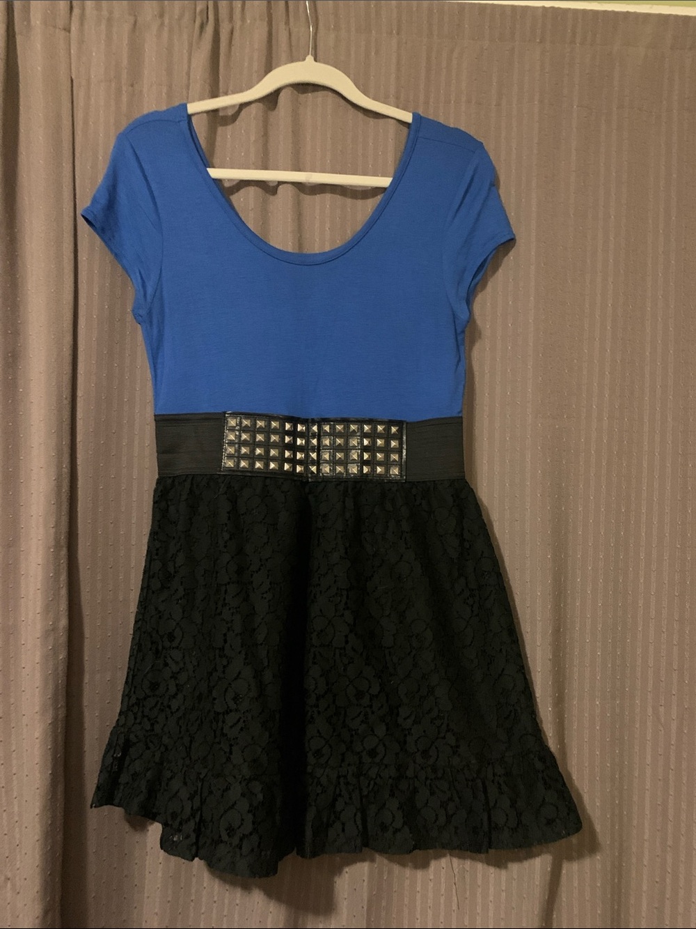 Say What Blue & Black Lace Fit-and-Flare Dress with Studded Waist Size Large